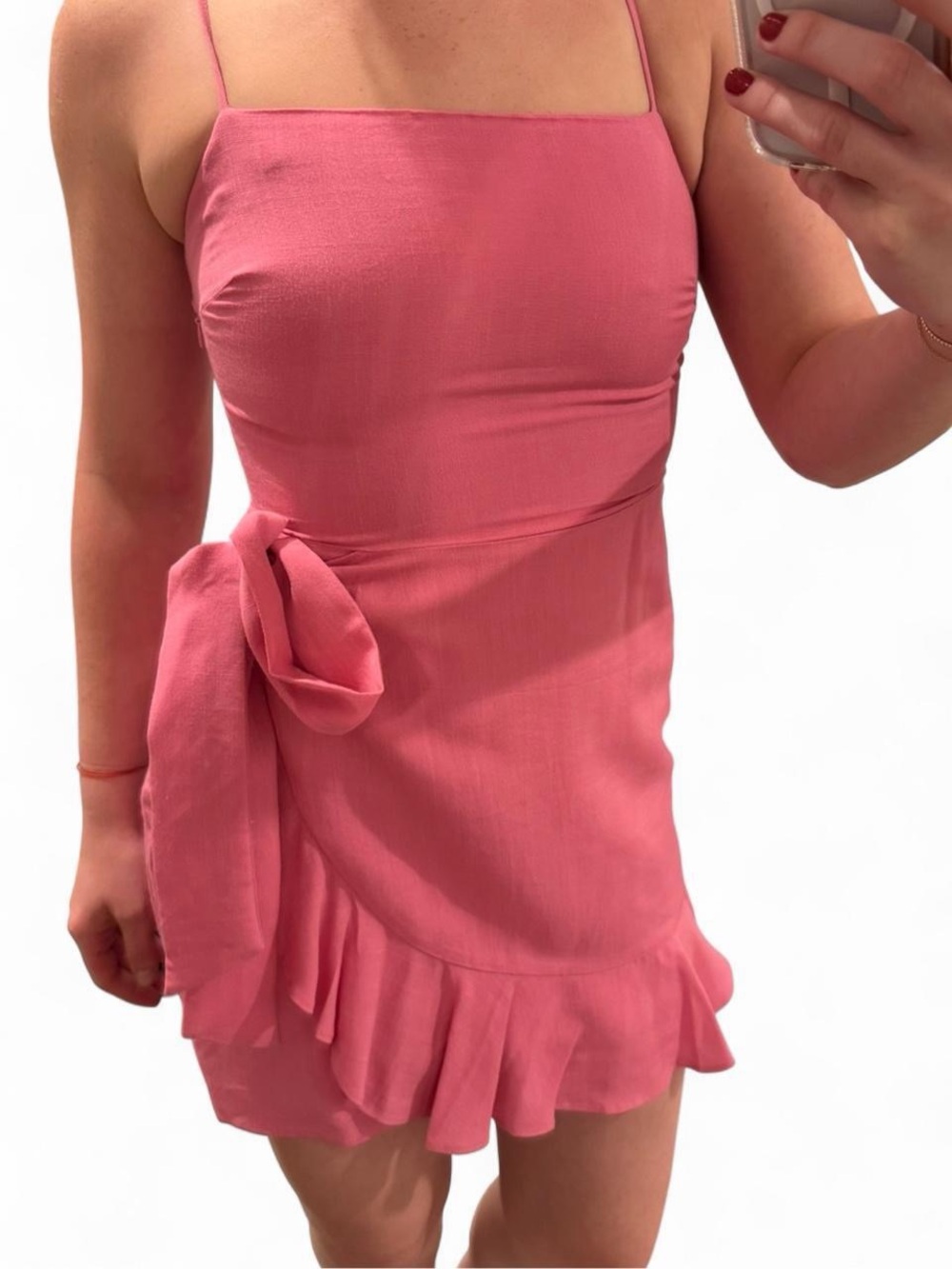 Abbeline Pink Spaghetti-Strap Tie-Waist Ruffle Mini Dress